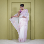 White Organza Saree with Floral Applique Work