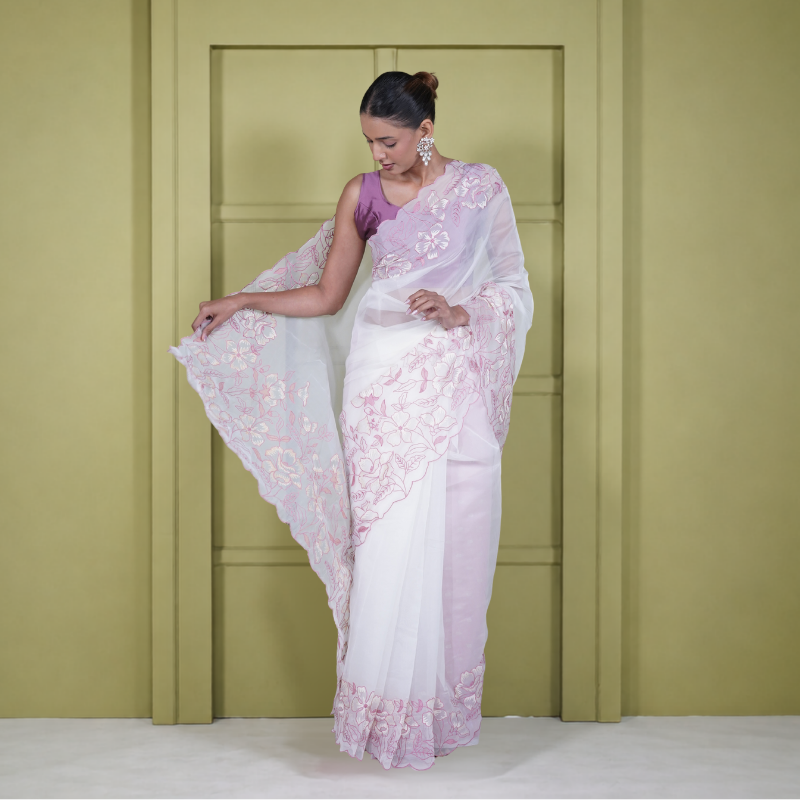 White Organza Saree with Floral Applique Work