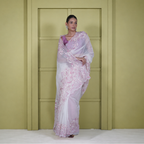 White Organza Saree with Floral Applique Work