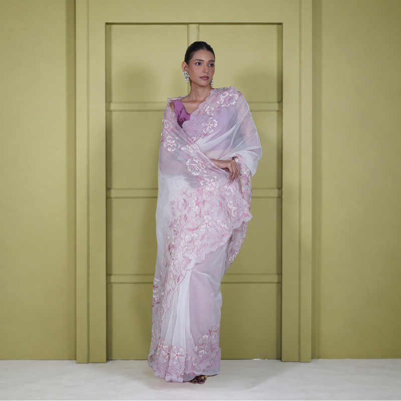 White Organza Saree with Floral Applique Work