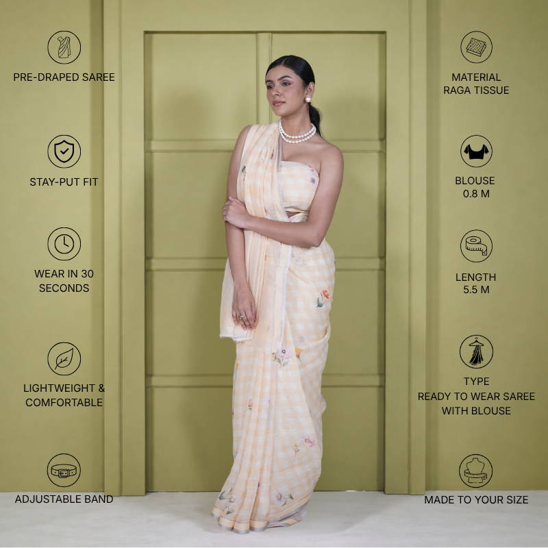 Cotton Linen Printed Saree in Yellow Check