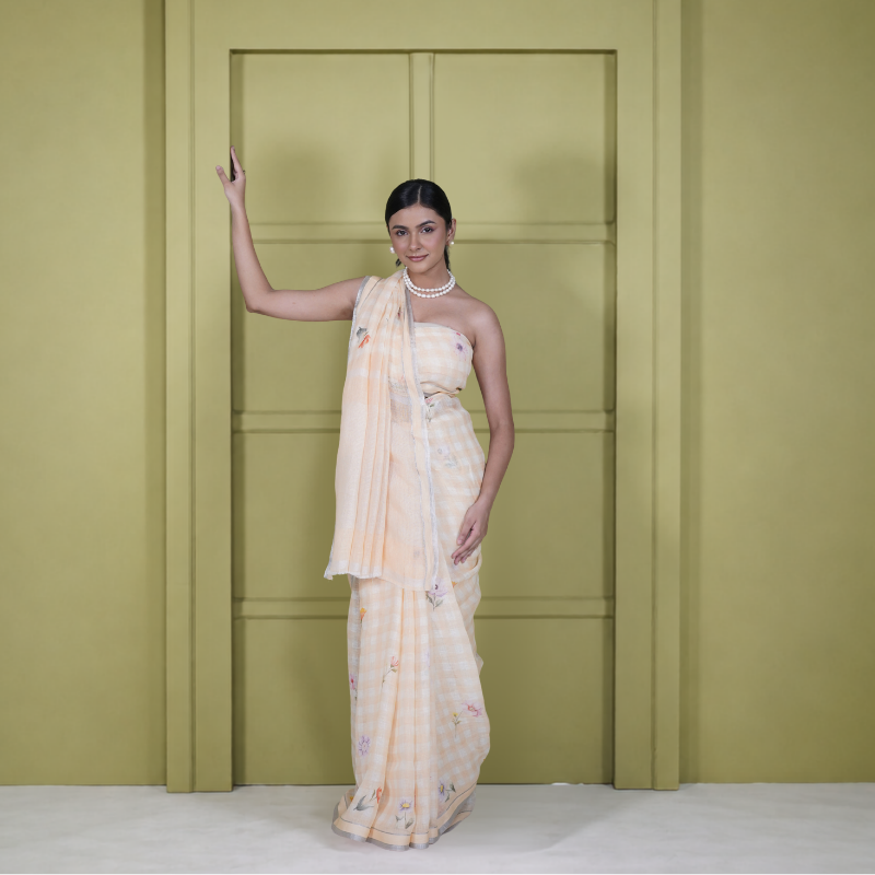 Cotton Linen Printed Saree in Yellow Check