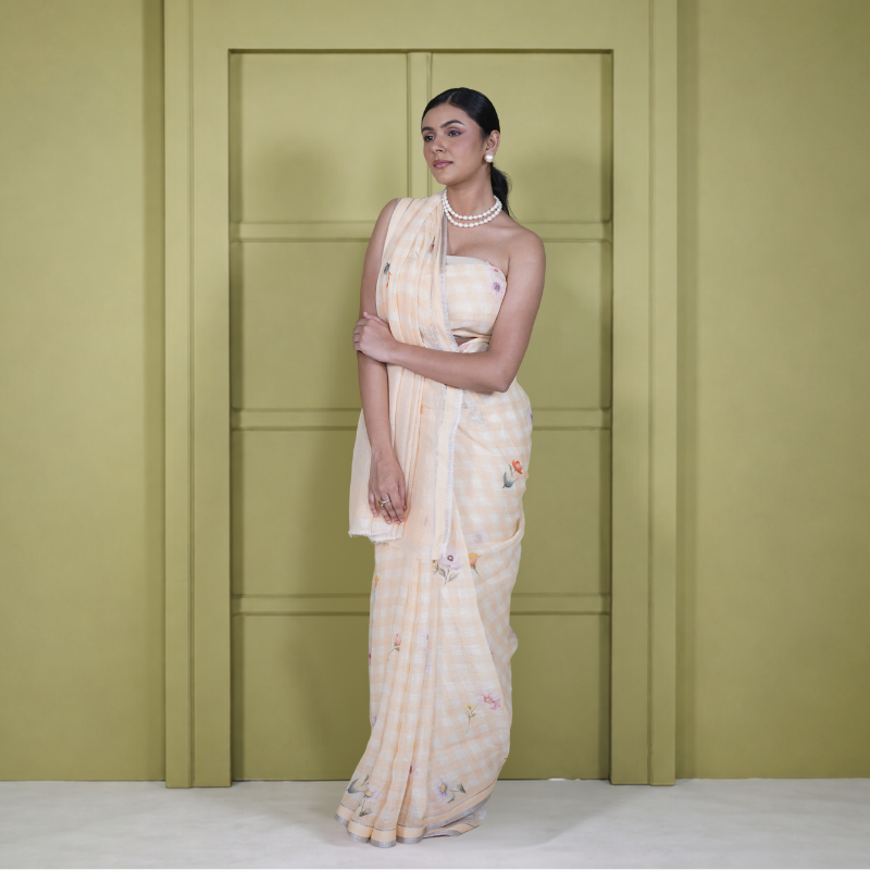 Cotton Linen Printed Saree in Yellow Check