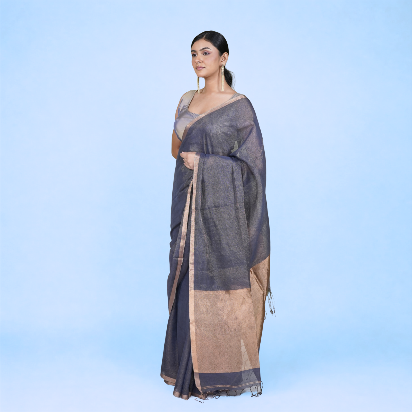 Grey Kota Silk Tissue Pre Stitched Saree For Women