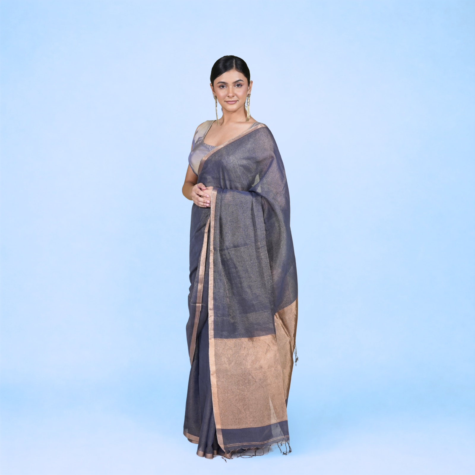 Grey Kota Silk Tissue Pre Stitched Saree For Women