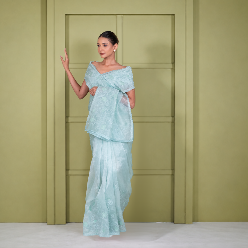 Sea Green Tissue Saree With Thread Embroidery