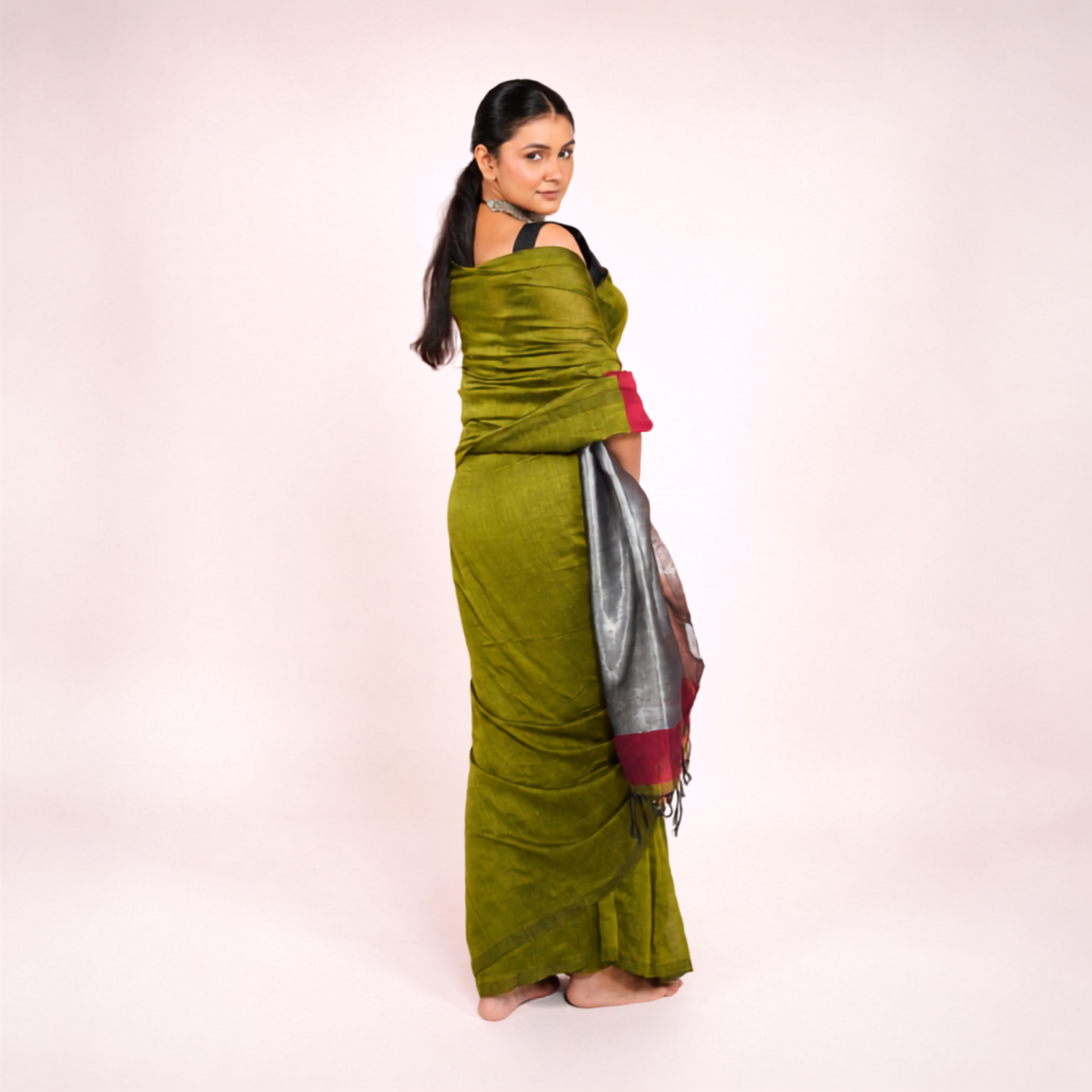 Olive Green And Maroon Mul Cotton Pre Stitched Saree For Women