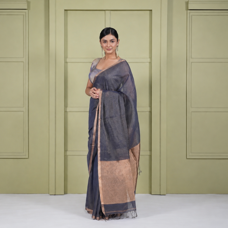 Grey Linen Silk Pre Stitched Saree