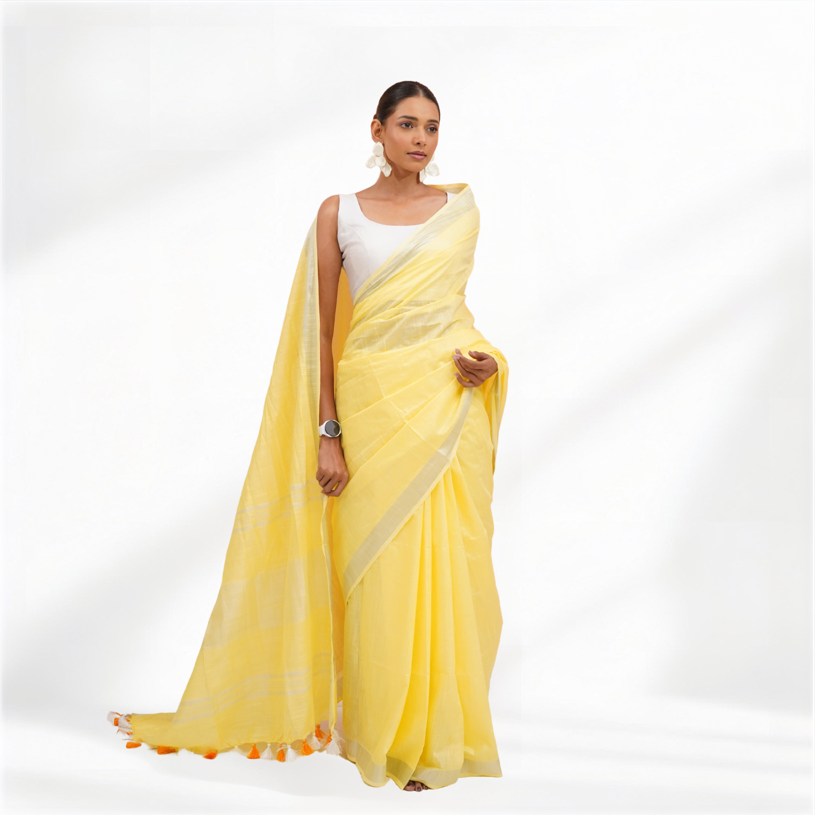 Yellow Cotton Linen Pre Stitched Saree For Women