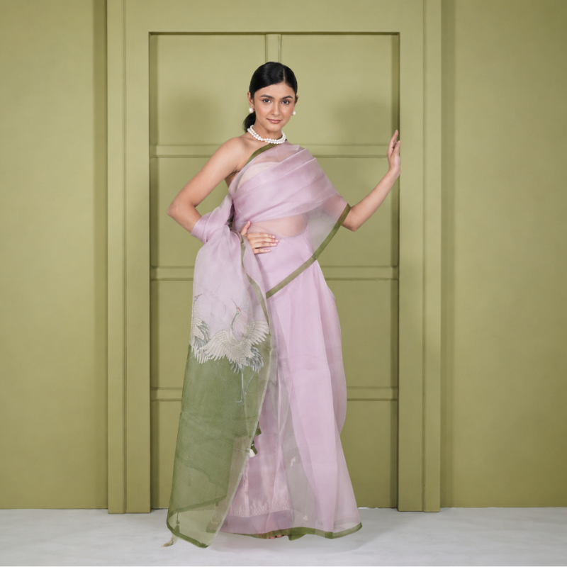 Pink & Green Organza Saree