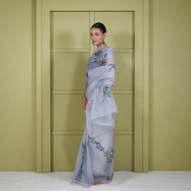 Grey Organza Digital Print Saree