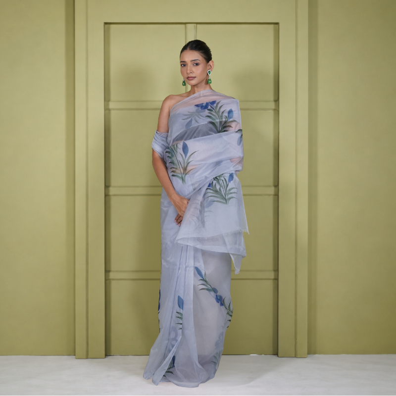 Grey Organza Digital Print Saree