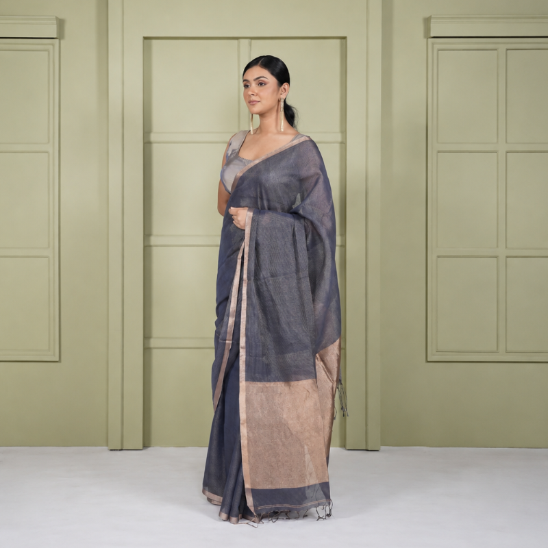 Grey Linen Silk Pre Stitched Saree