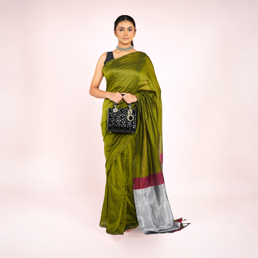 Olive Green And Maroon Mul Cotton Pre Stitched Saree For Women