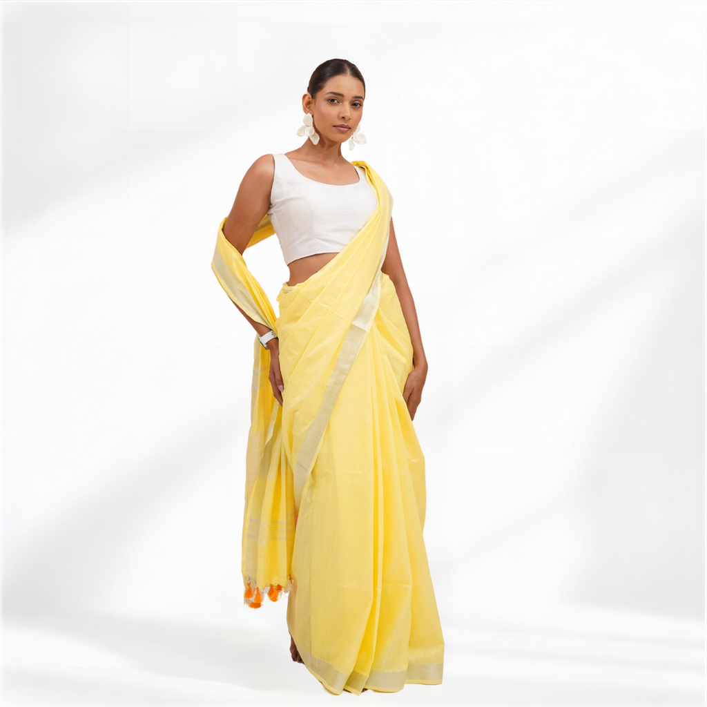 Yellow Cotton Linen Pre Stitched Saree For Women
