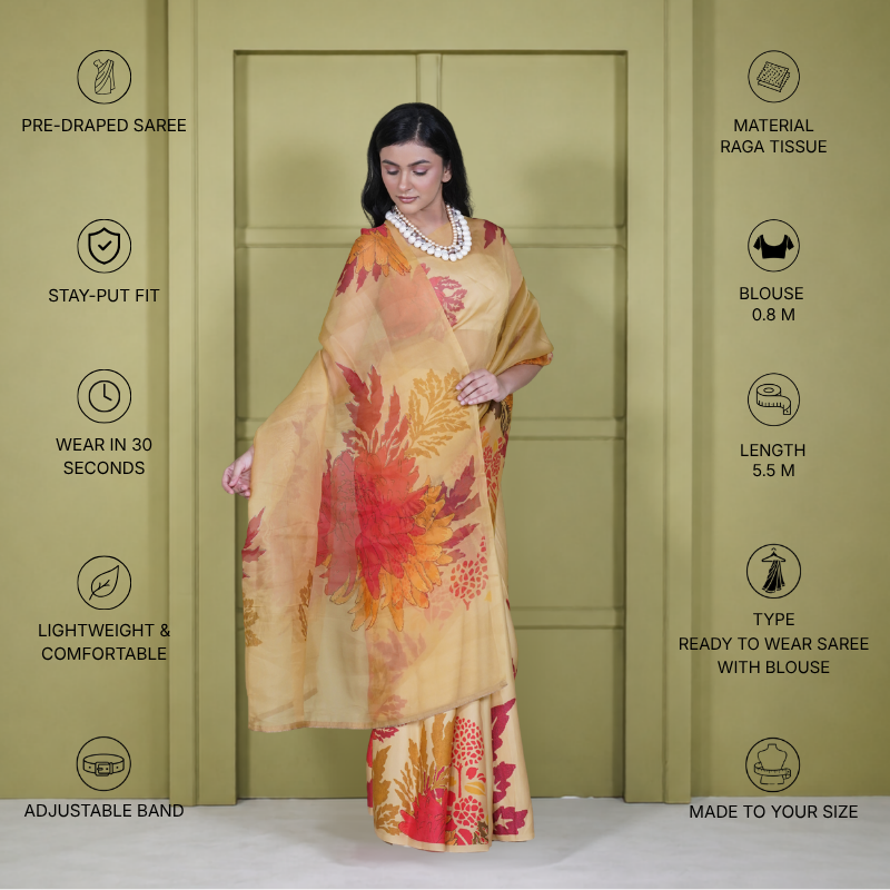 Half Satin Half Organza Yellow Floral Saree
