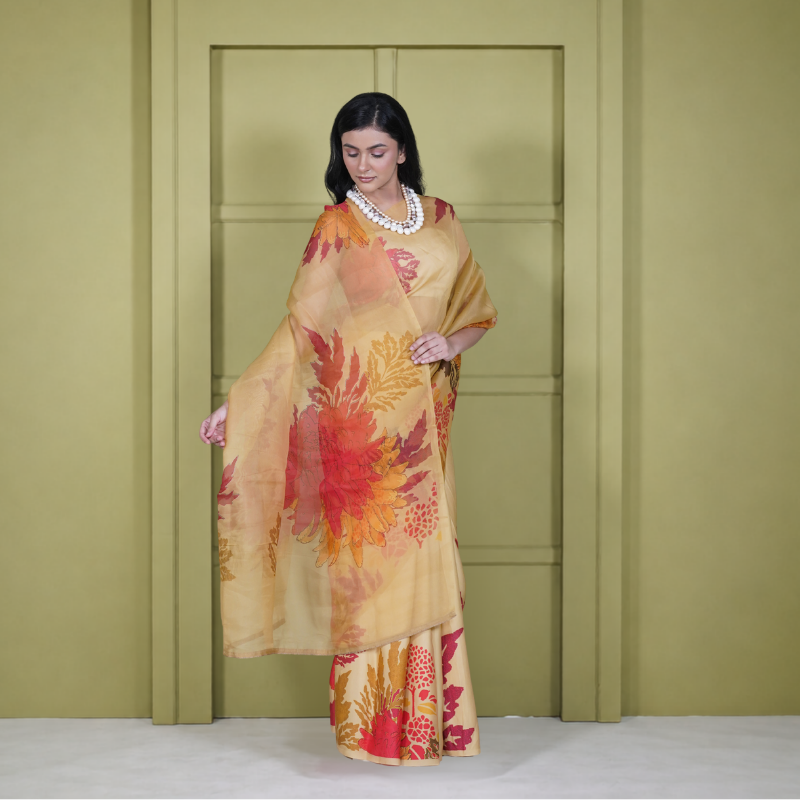 Half Satin Half Organza Yellow Floral Saree