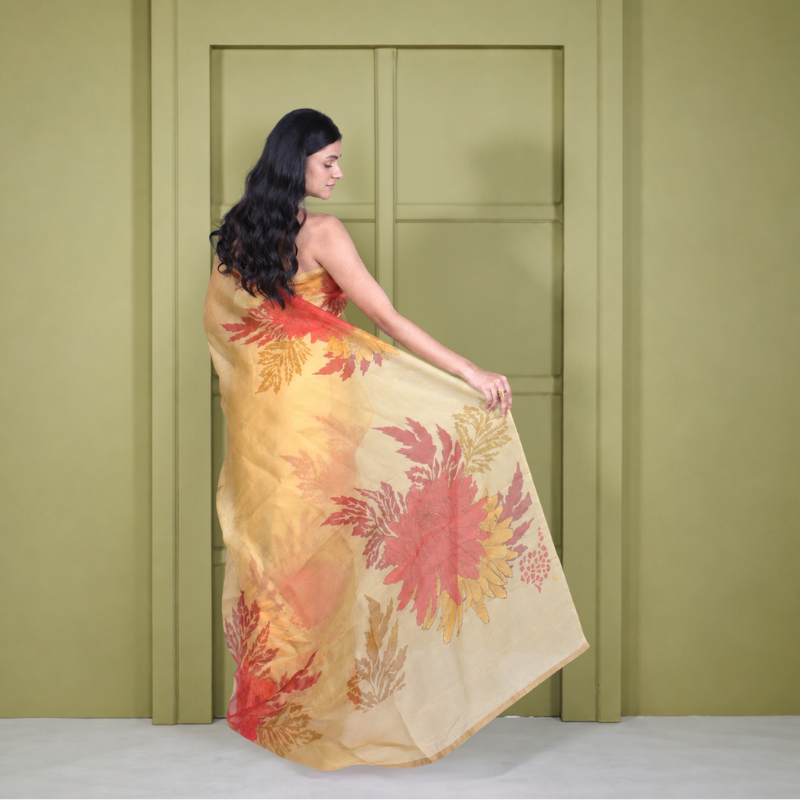 Half Satin Half Organza Yellow Floral Saree