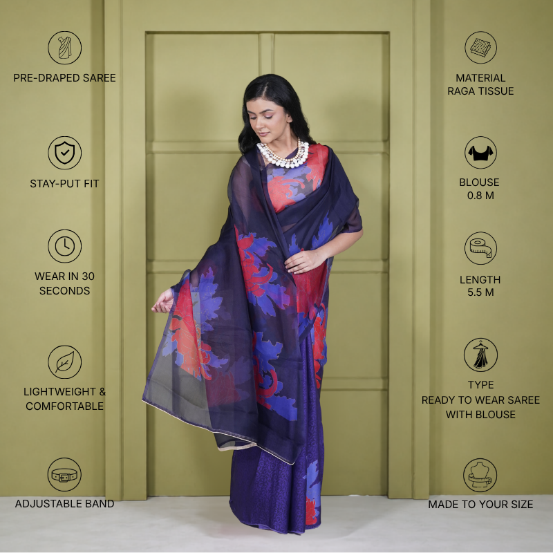 Half Satin Half Organza Blue Floral Saree