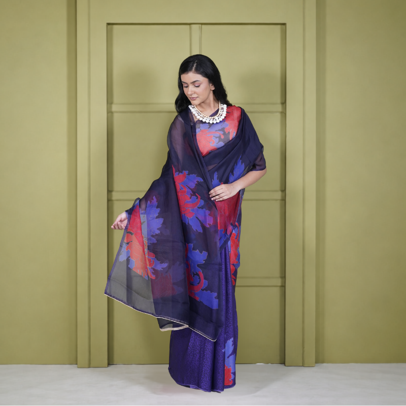 Half Satin Half Organza Blue Floral Saree