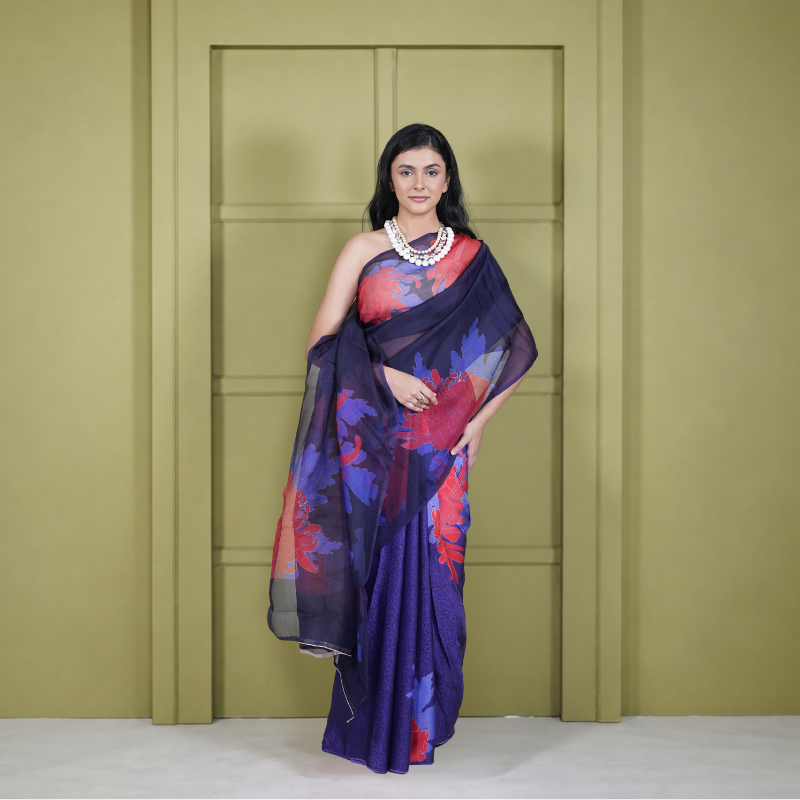 Half Satin Half Organza Blue Floral Saree
