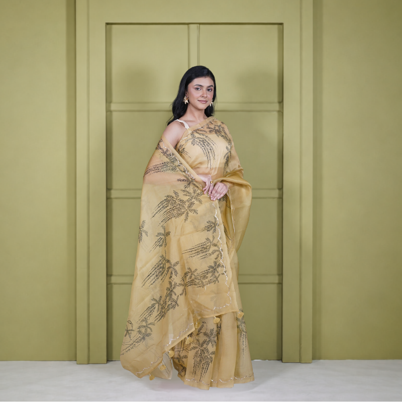 Yellow Organza Digital Print Saree