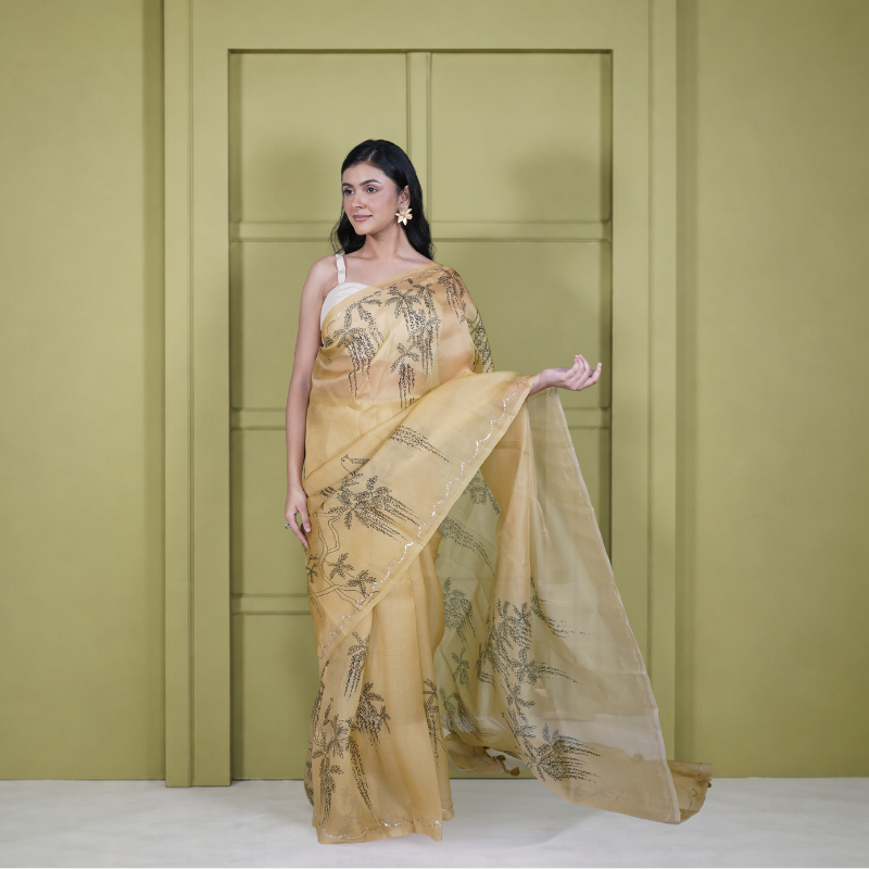 Yellow Organza Digital Print Saree