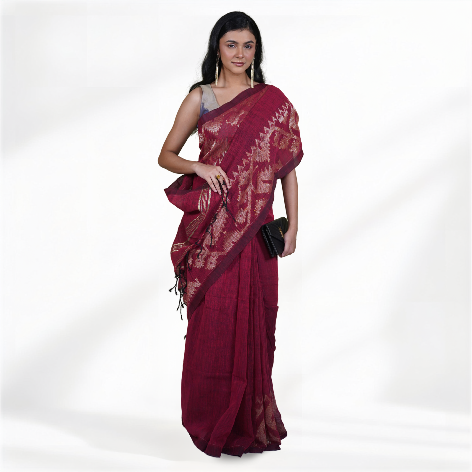 Maroon Soft Linen Jamdani Pre Stitched Saree For Women