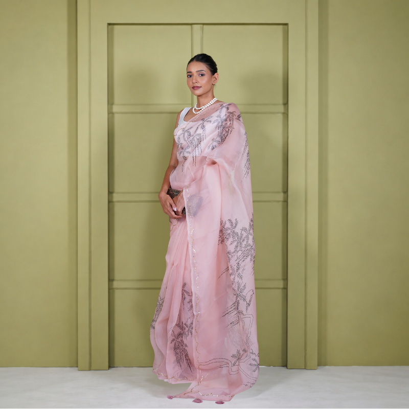 Pink Organza Digital Print Saree