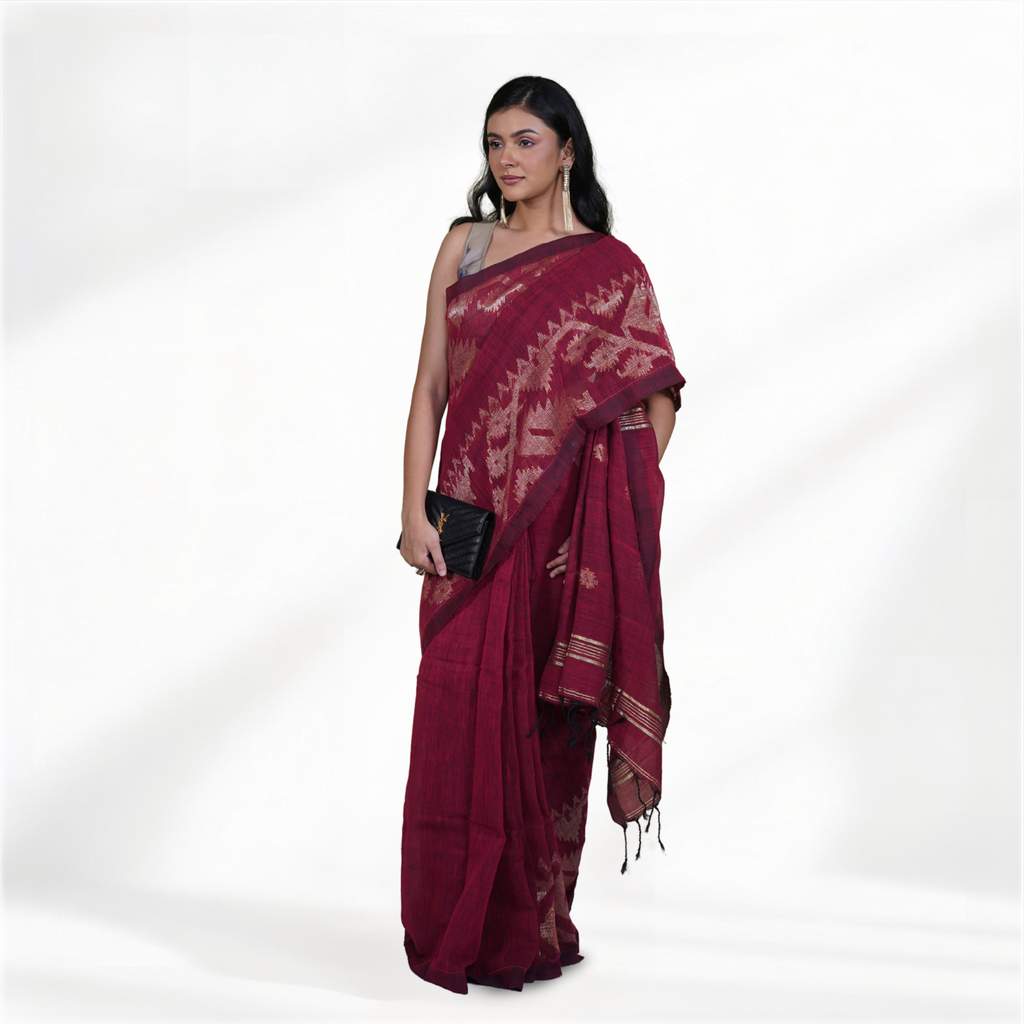 Maroon Soft Linen Jamdani Pre Stitched Saree For Women