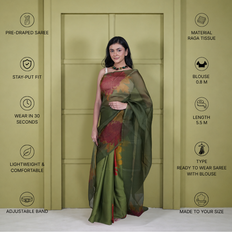 Half Satin Half Organza Green Floral Saree