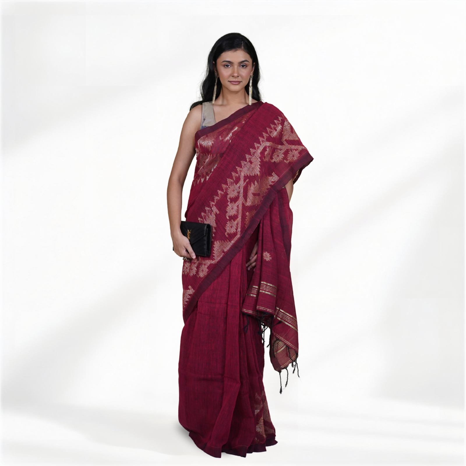 Maroon Soft Linen Jamdani Pre Stitched Saree For Women