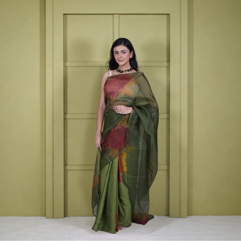 Half Satin Half Organza Green Floral Saree