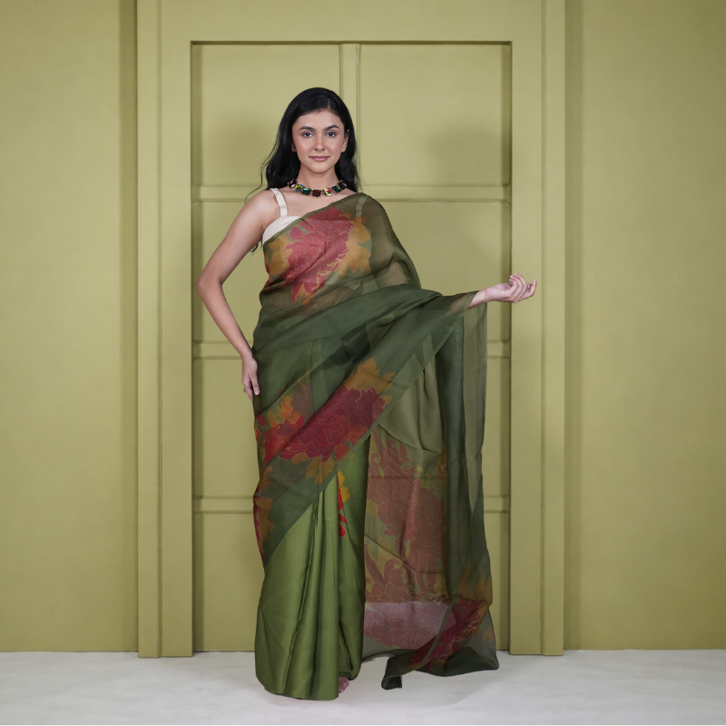 Half Satin Half Organza Green Floral Saree