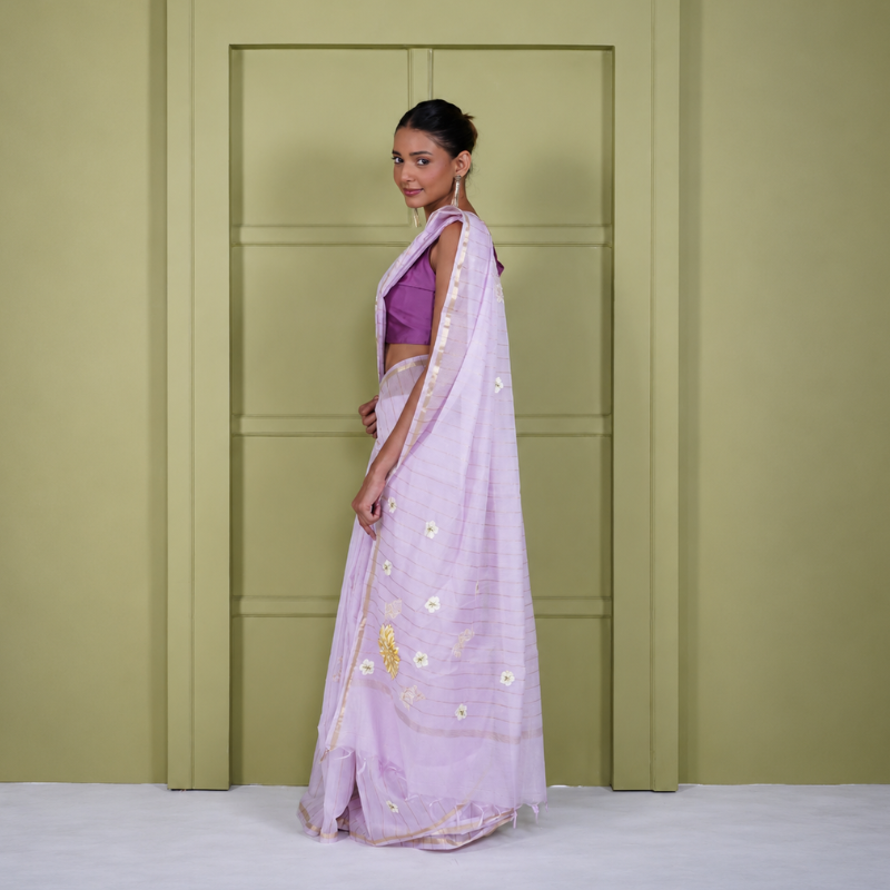 Pink Cotton Linen Saree with Floral Applique Work