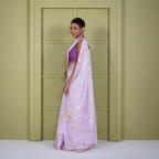 Pink Cotton Linen Saree with Floral Applique Work