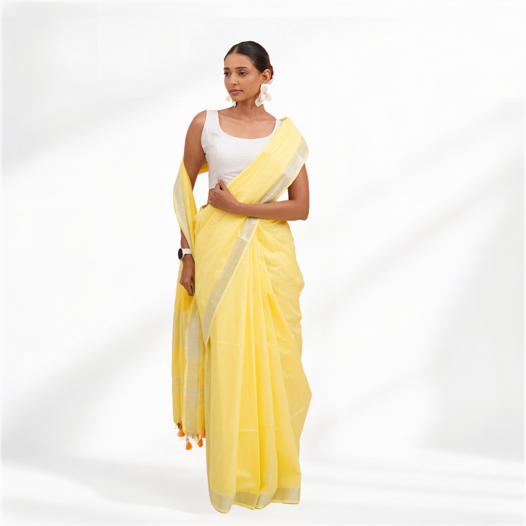 Yellow Cotton Linen Pre Stitched Saree For Women