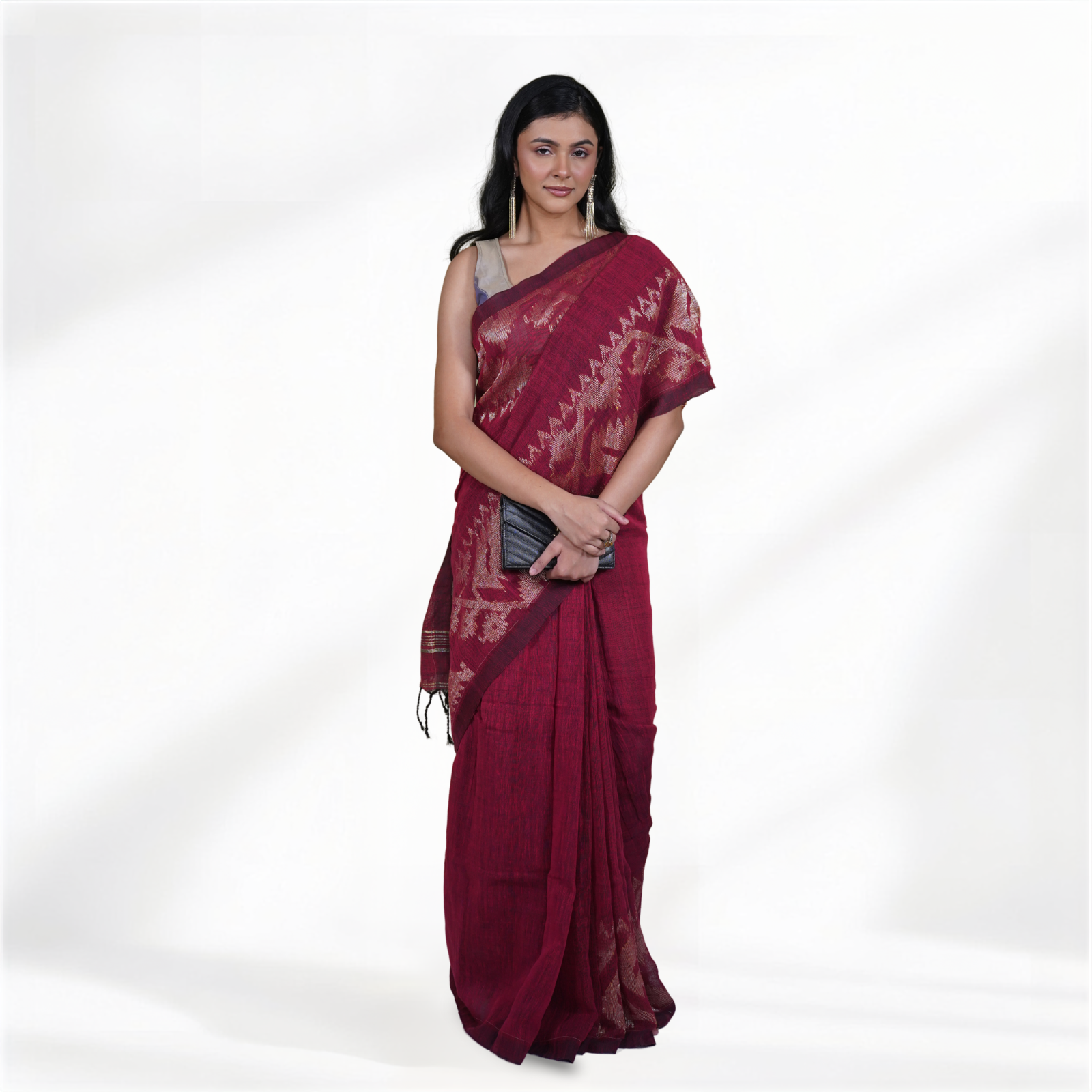 Maroon Soft Linen Jamdani Pre Stitched Saree For Women