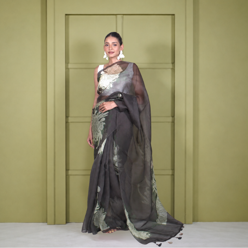 Dark Green Organza Digital Print Saree