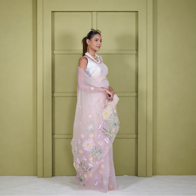 Organza Saree with Floral Applique Work