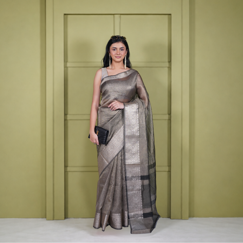 Crushed Tissue Grey Saree