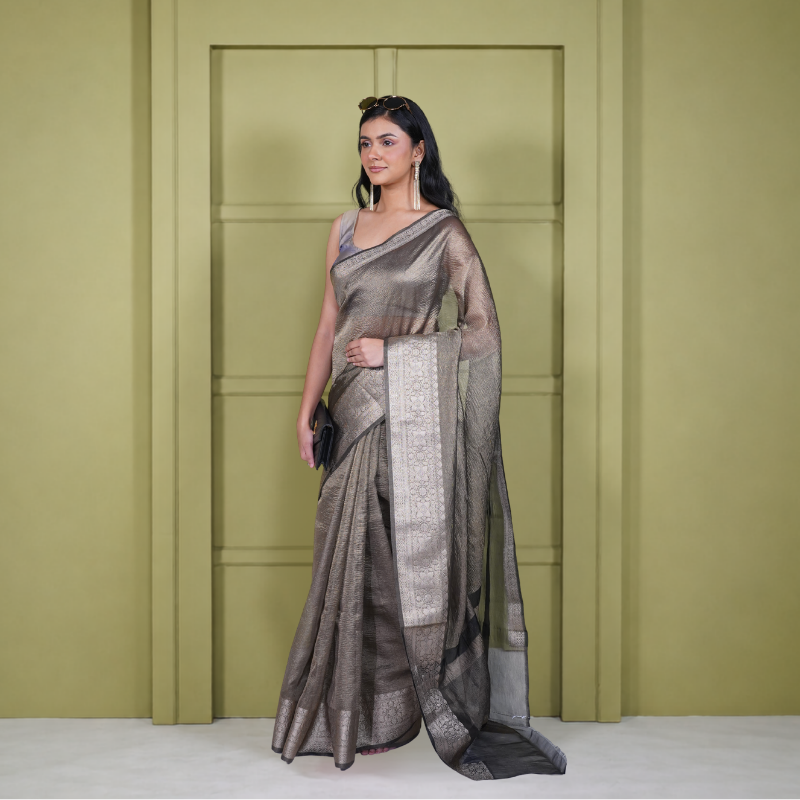 Crushed Tissue Grey Saree