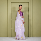 Pink Cotton Linen Saree with Floral Applique Work
