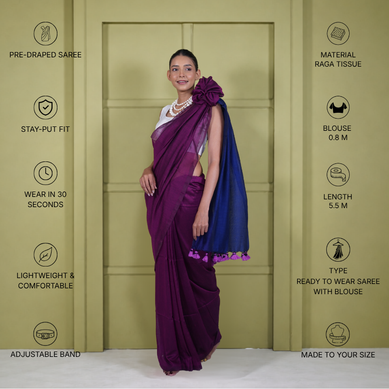 Blue And Maroon Mul Cotton Pre Stitched Saree For Women