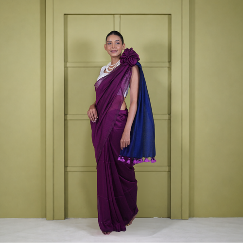 Blue And Maroon Mul Cotton Pre Stitched Saree For Women