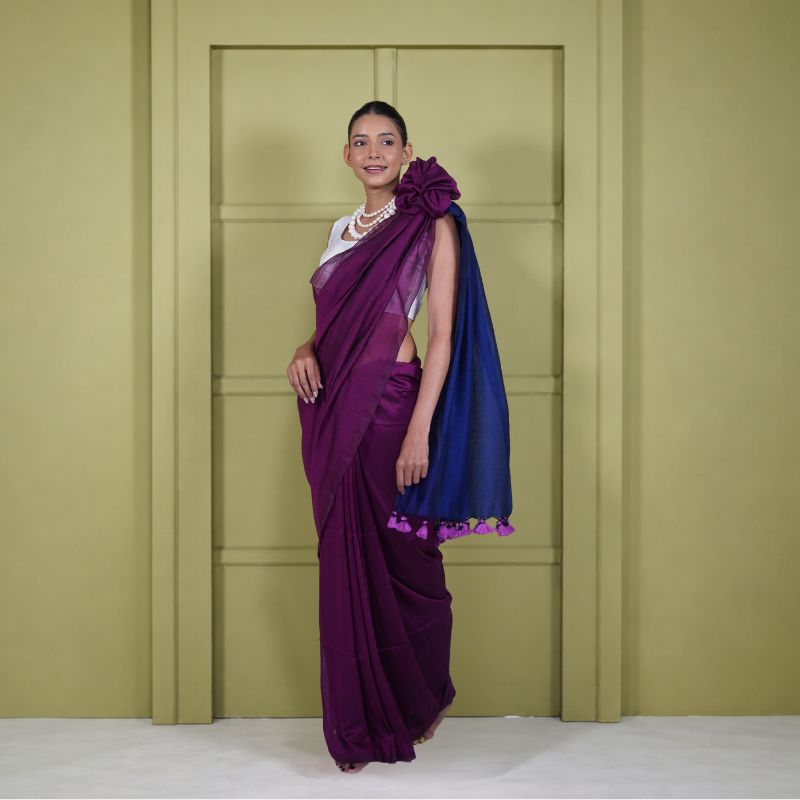 Blue And Maroon Mul Cotton Pre Stitched Saree For Women