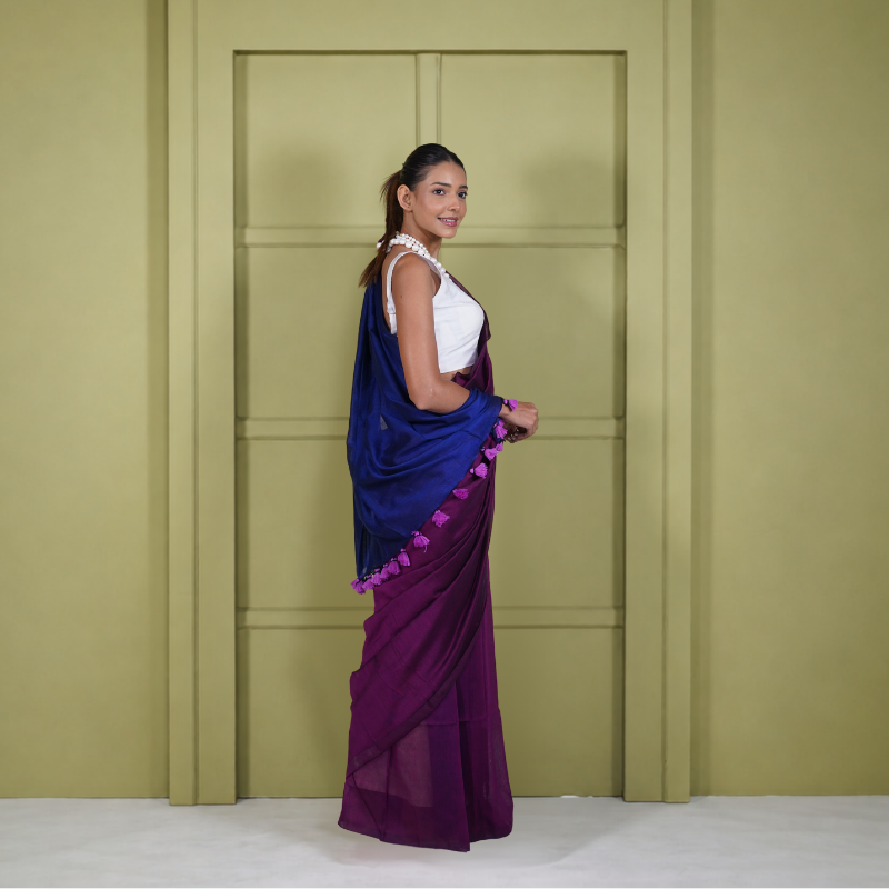 Blue And Maroon Mul Cotton Pre Stitched Saree For Women