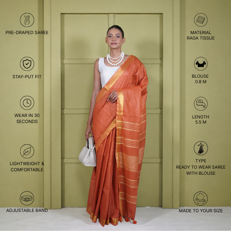 Rust Cotton Linen Pre Stitched Saree For Women