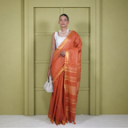 Rust Cotton Linen Pre Stitched Saree For Women