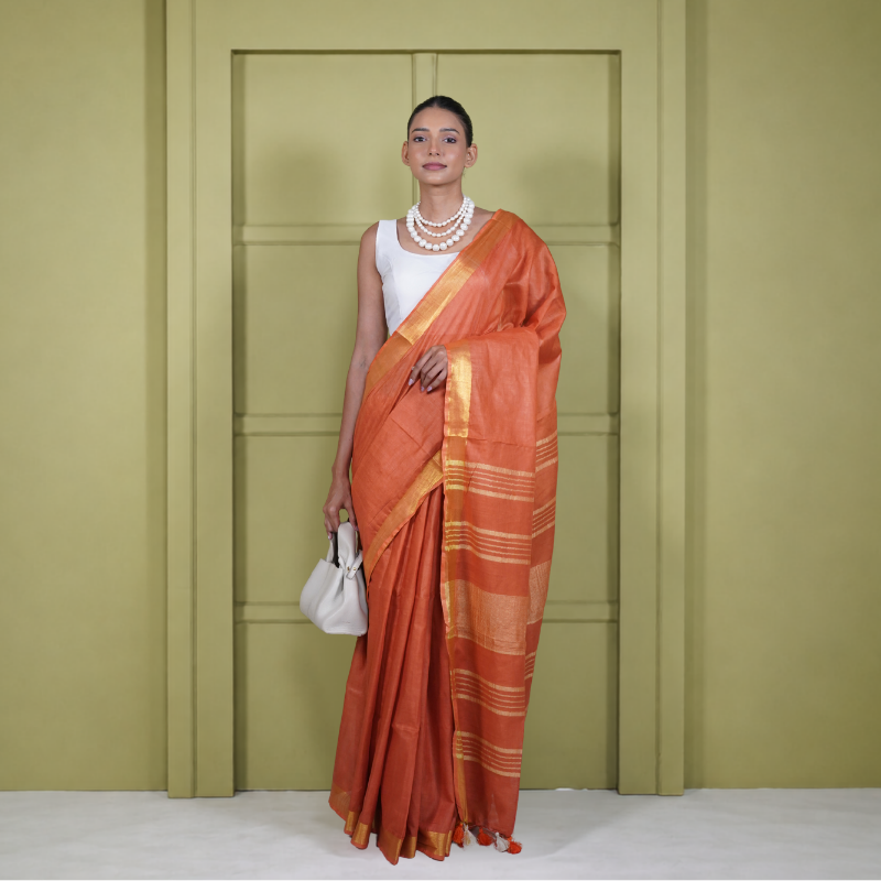 Rust Cotton Linen Pre Stitched Saree For Women